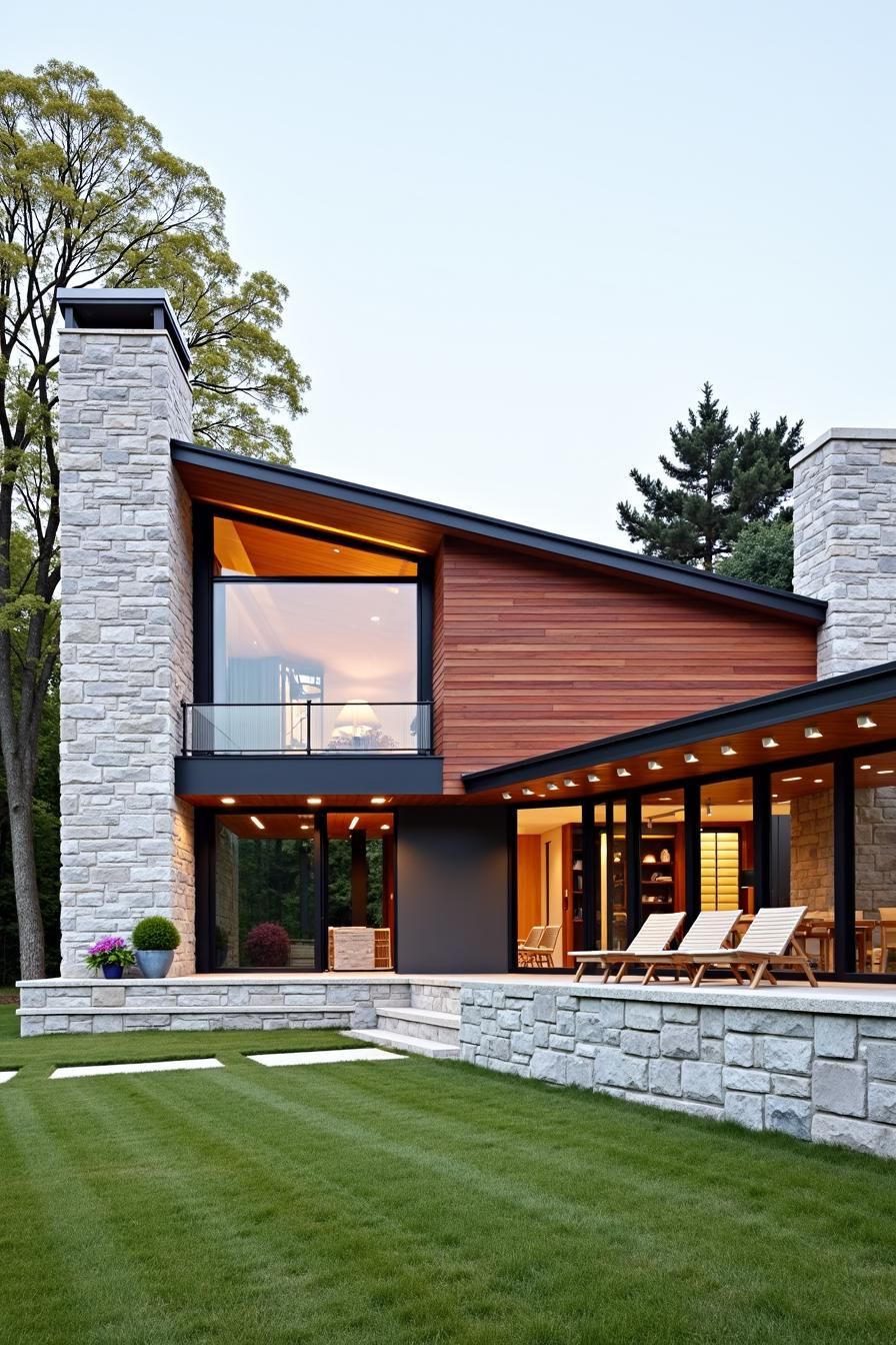 Modern house with large windows and a stone facade