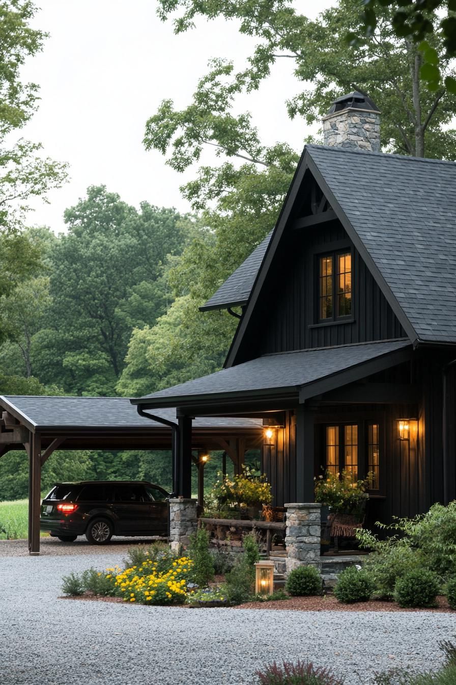 countryside barn style house with dark wood siding grey stone roof tile roof with gables front porch with post beams theres a large carport and