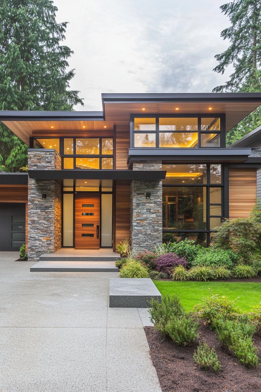 Modern house facade with stone and wood elements