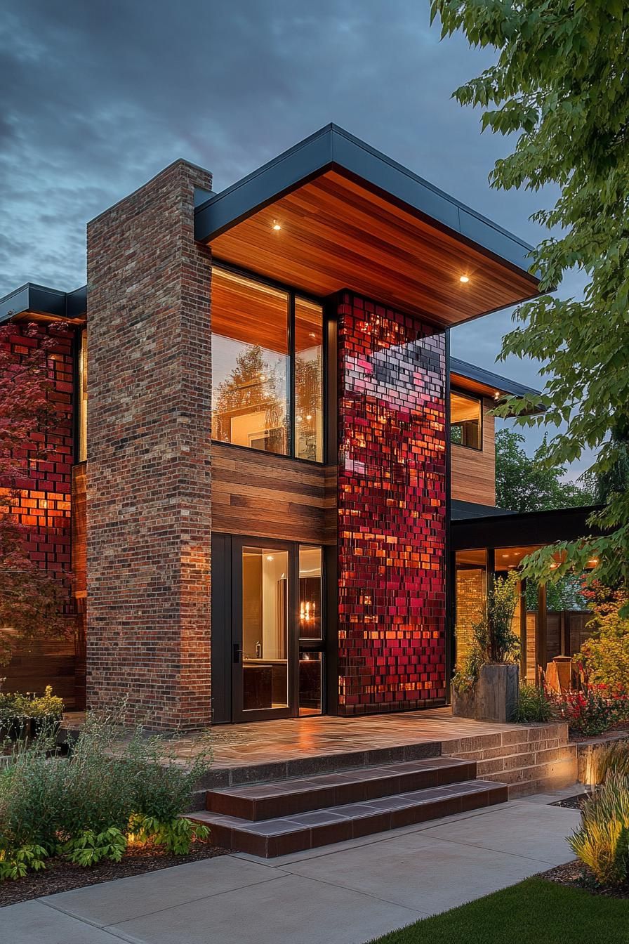 modern house geometric facade with brick and wooden facade with shimmering multi shade red metal tiles accent wall 2