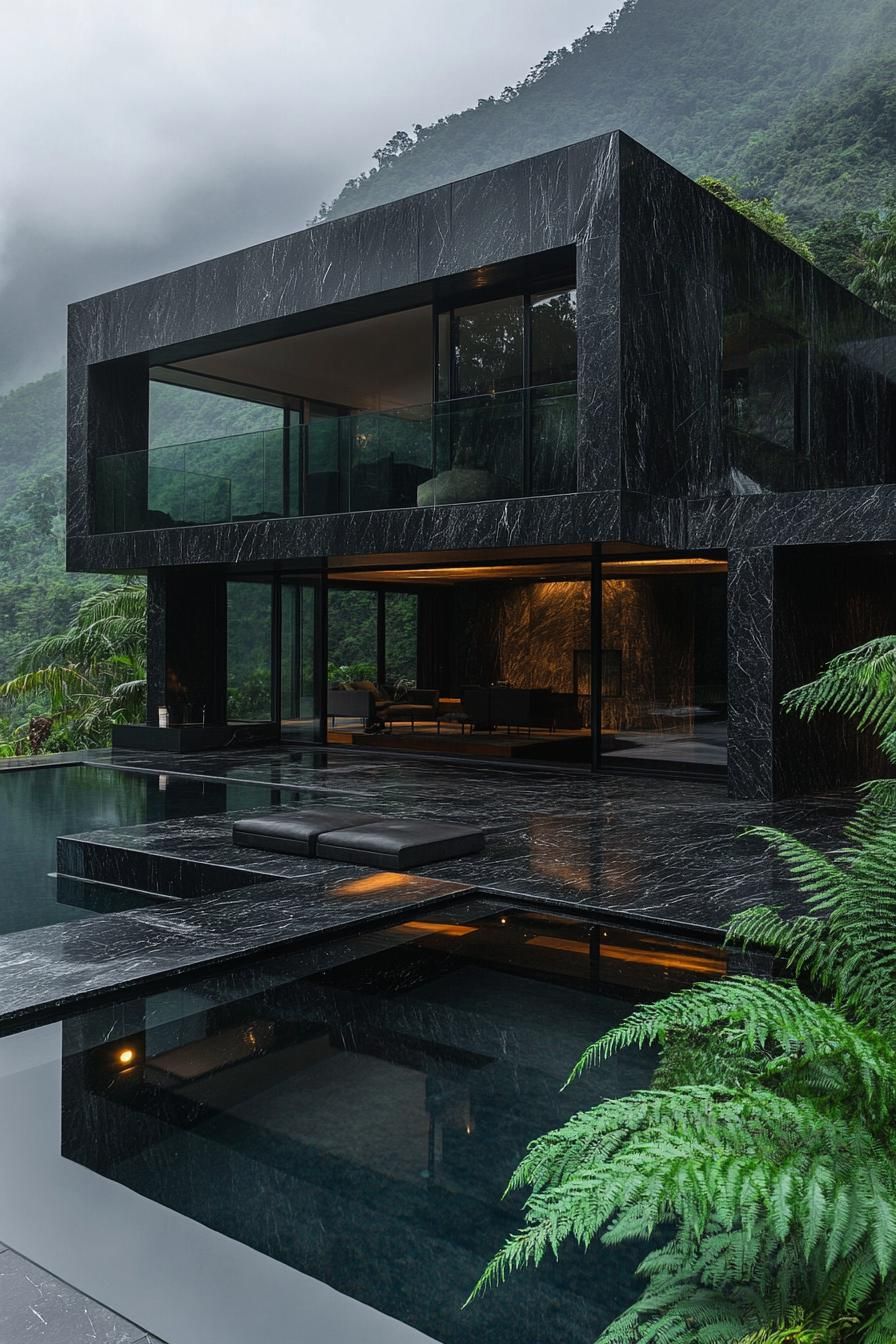 Modern black villa with mountain backdrop