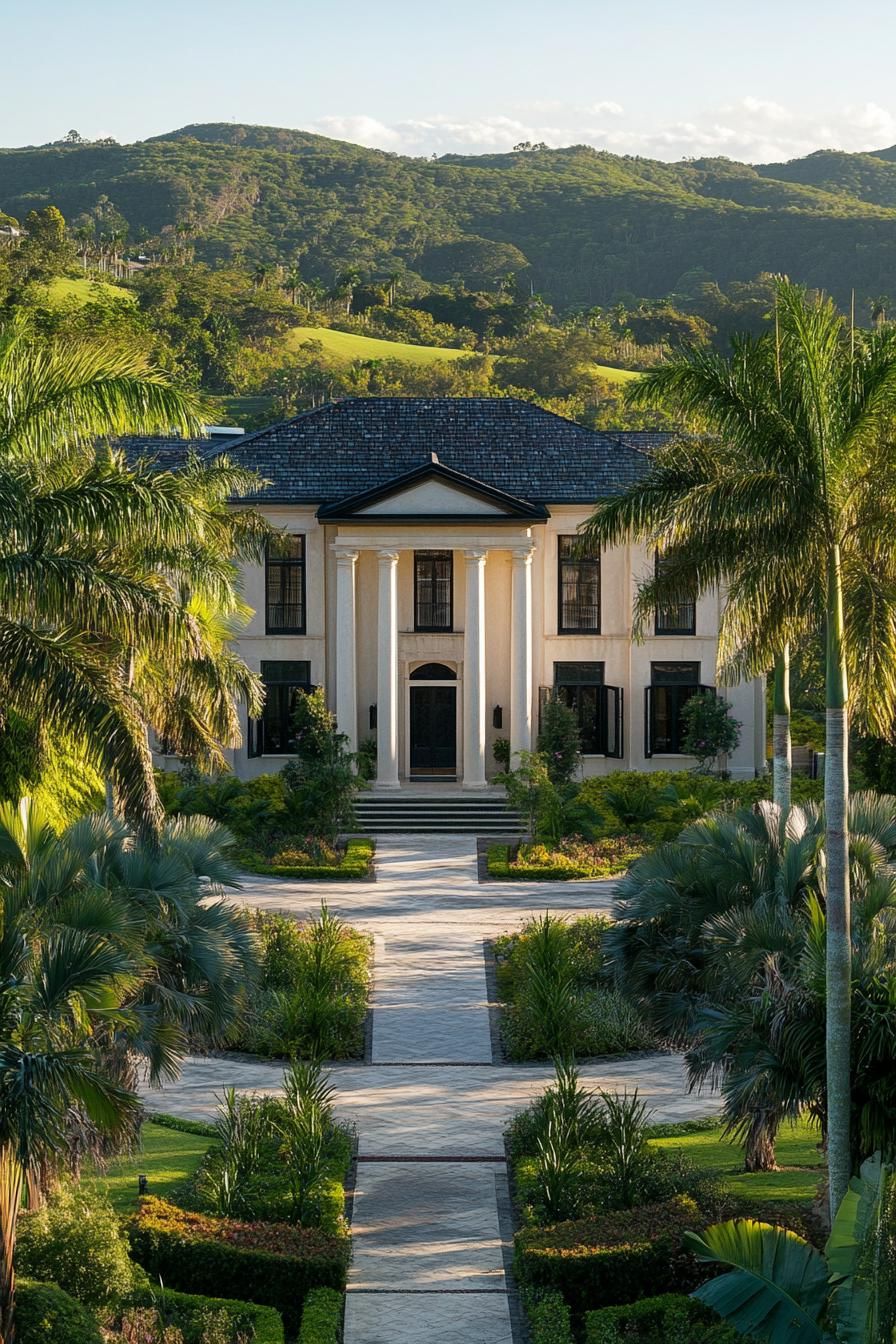 high angle view of colonial style manor facade with columns and modern windows large front garden with native shrubs tall palms and paved paths