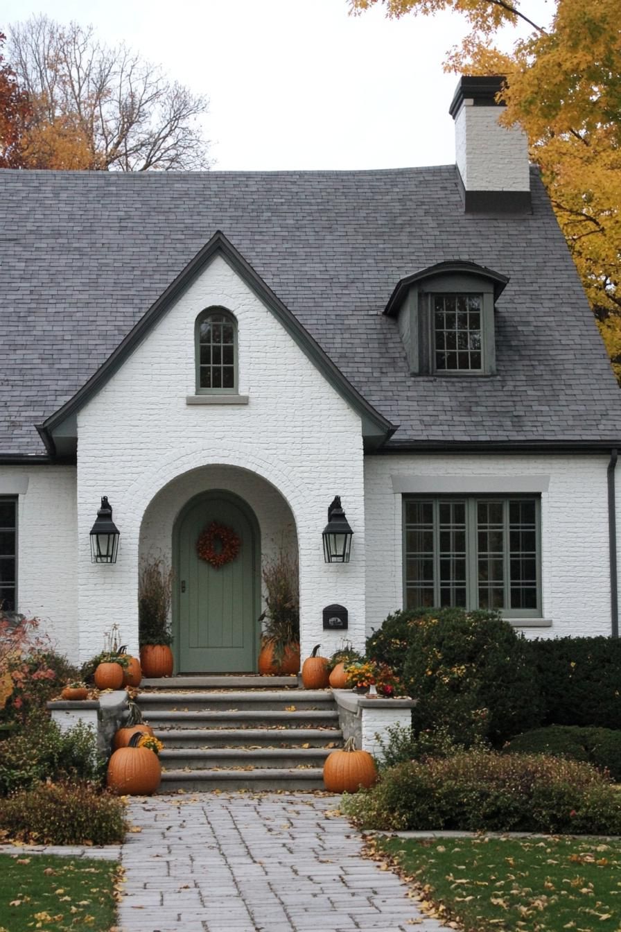 White brick house with arched doorway and pumpkins