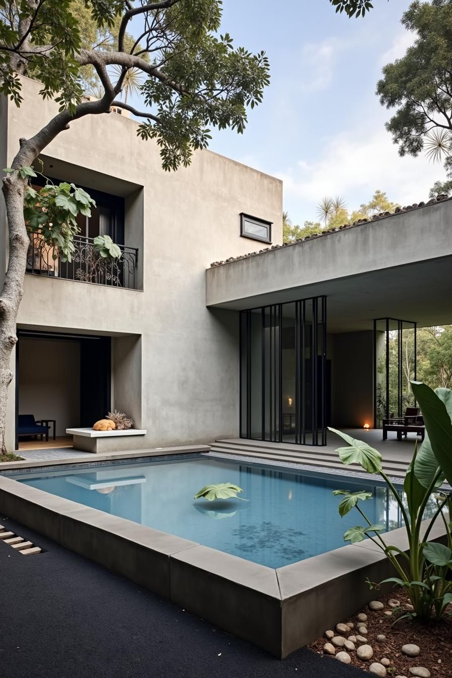 Brutalist house with a serene pool surrounded by lush greenery