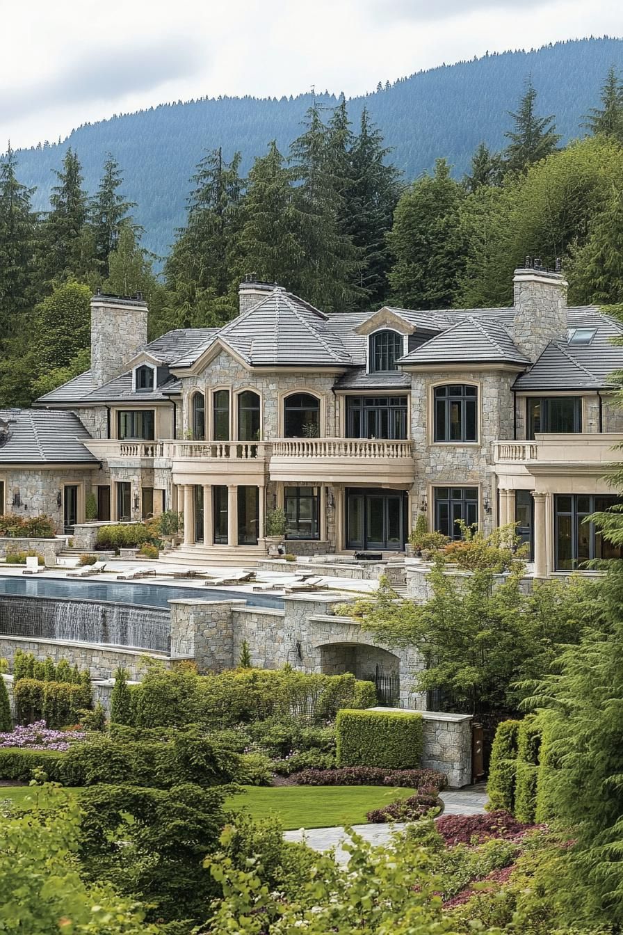 Luxury estate with cascading water feature and stone facade