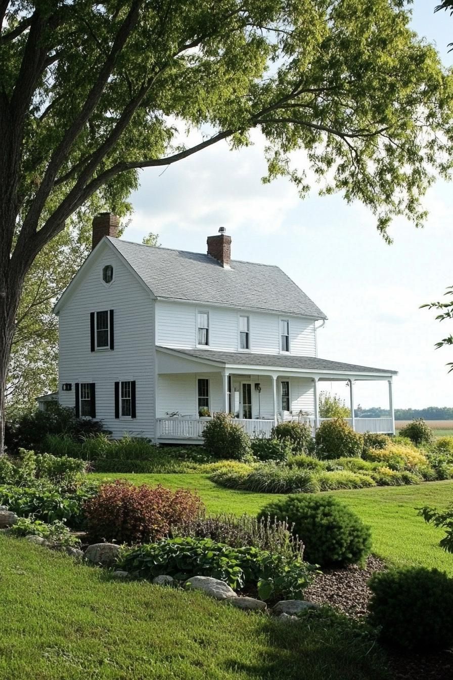 countryside farmhouse cottage in white siding grey roof front porch landscape with geometric shrubs an trees