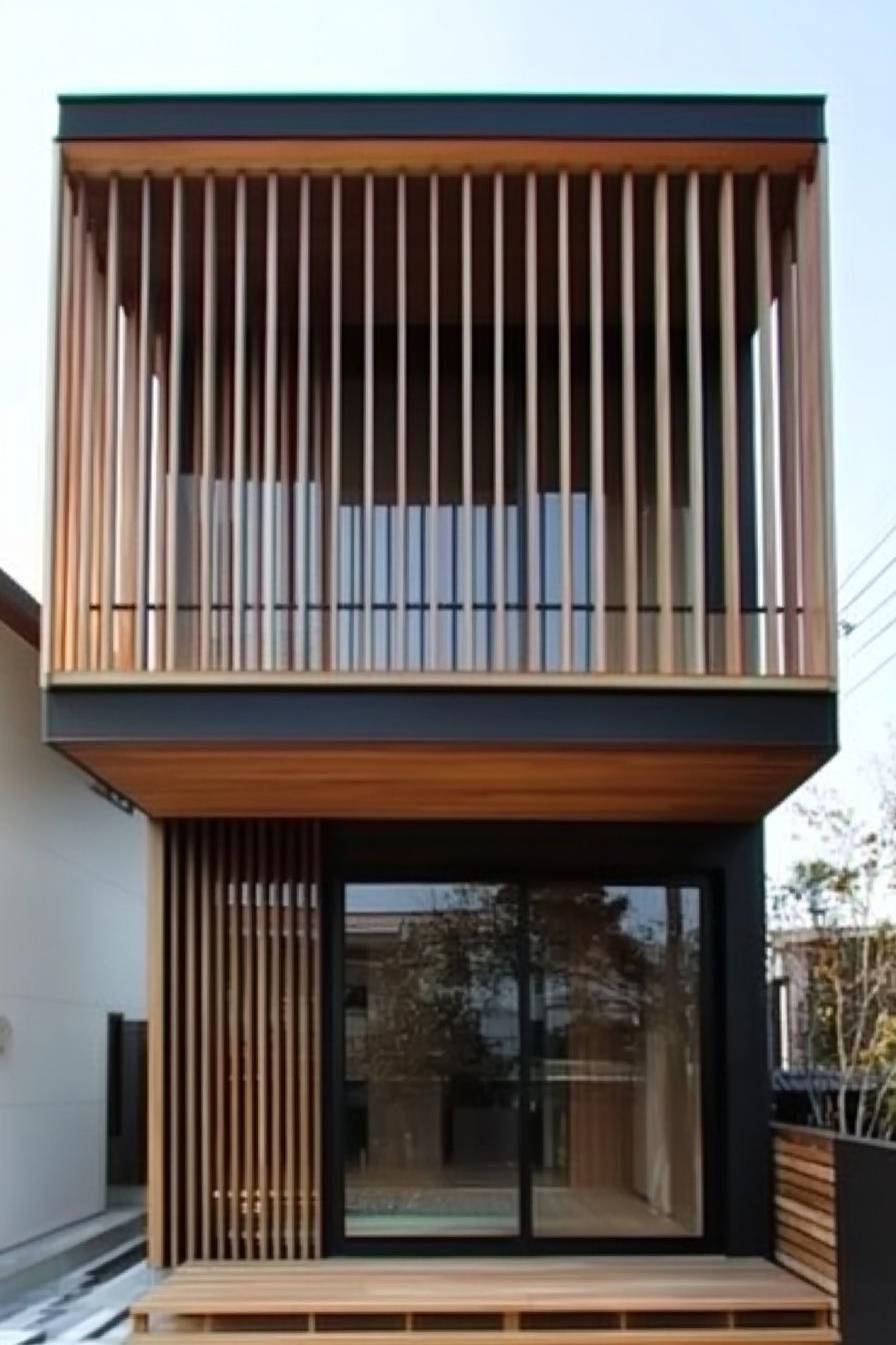 modern house facade with timber gladding and vertical wood slat panels 7