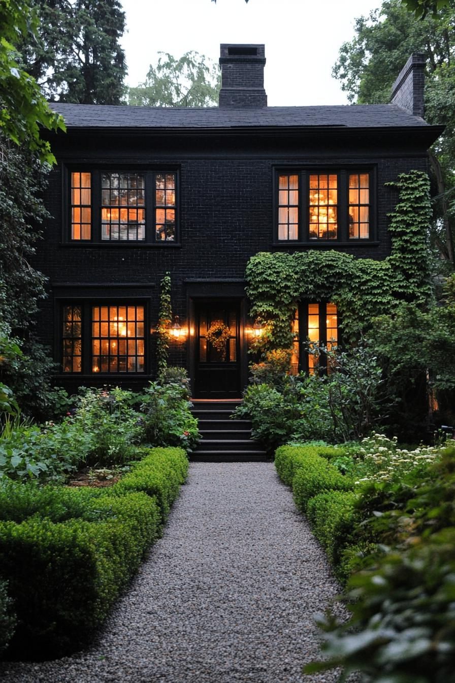 Two-story black house surrounded by lush greenery