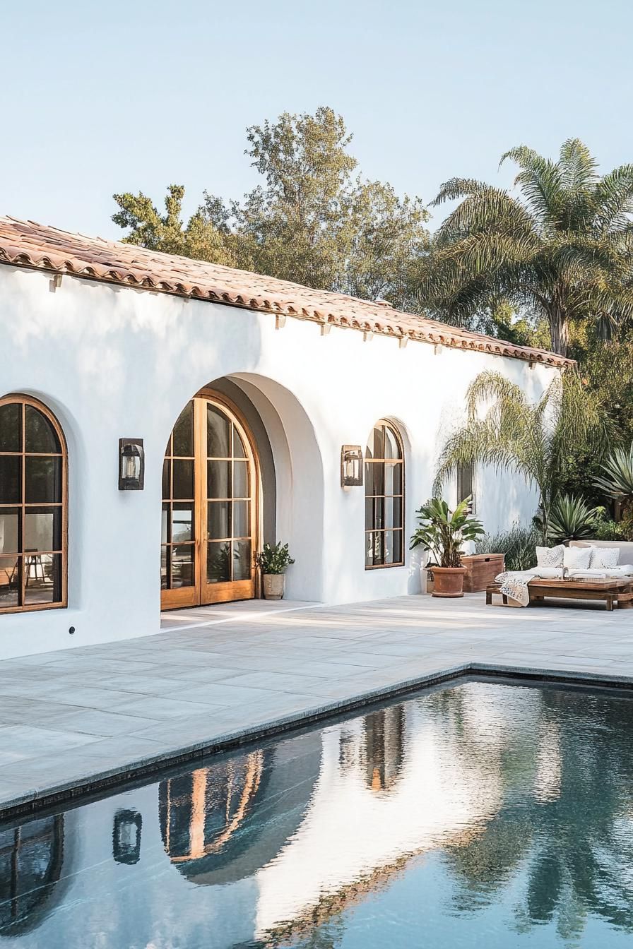 Elegant Spanish bungalow with arched windows by a pool