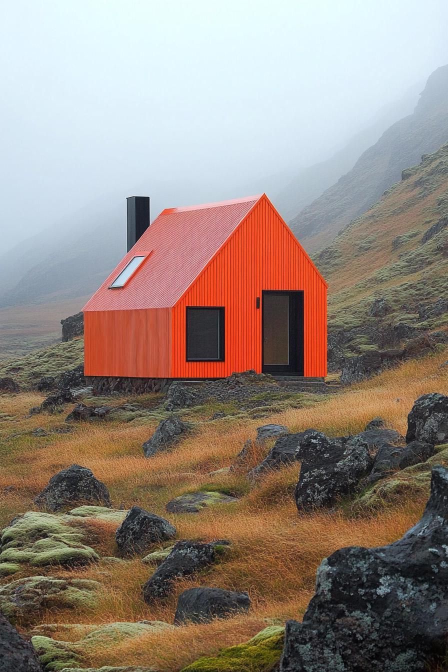 Bright orange cabin in a misty, rocky landscape