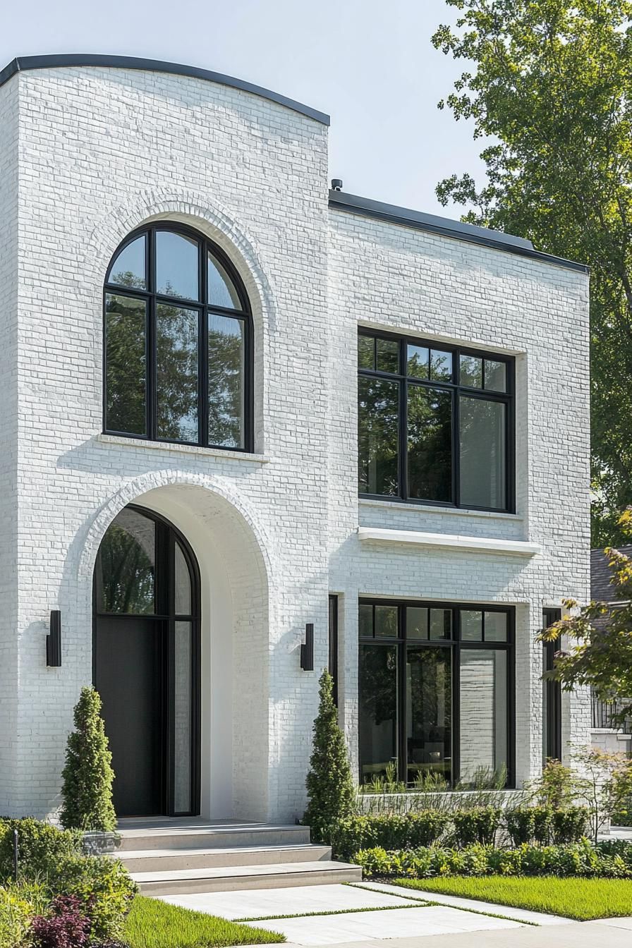 modern white brick townhouse with arched front door way modern windows in white trim 1