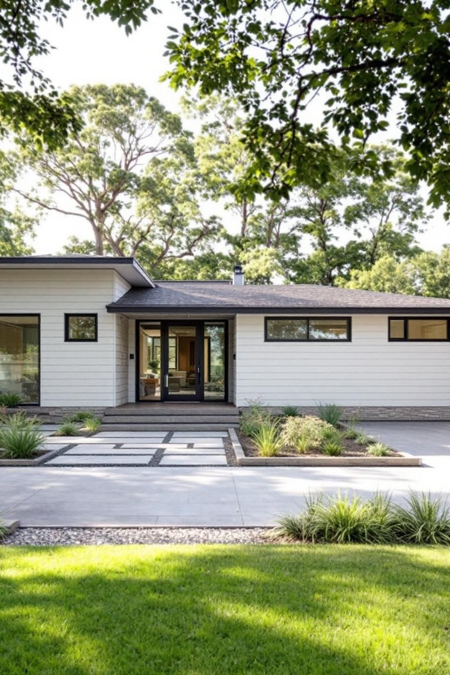 Modern ranch house with clean lines and a neatly designed front path