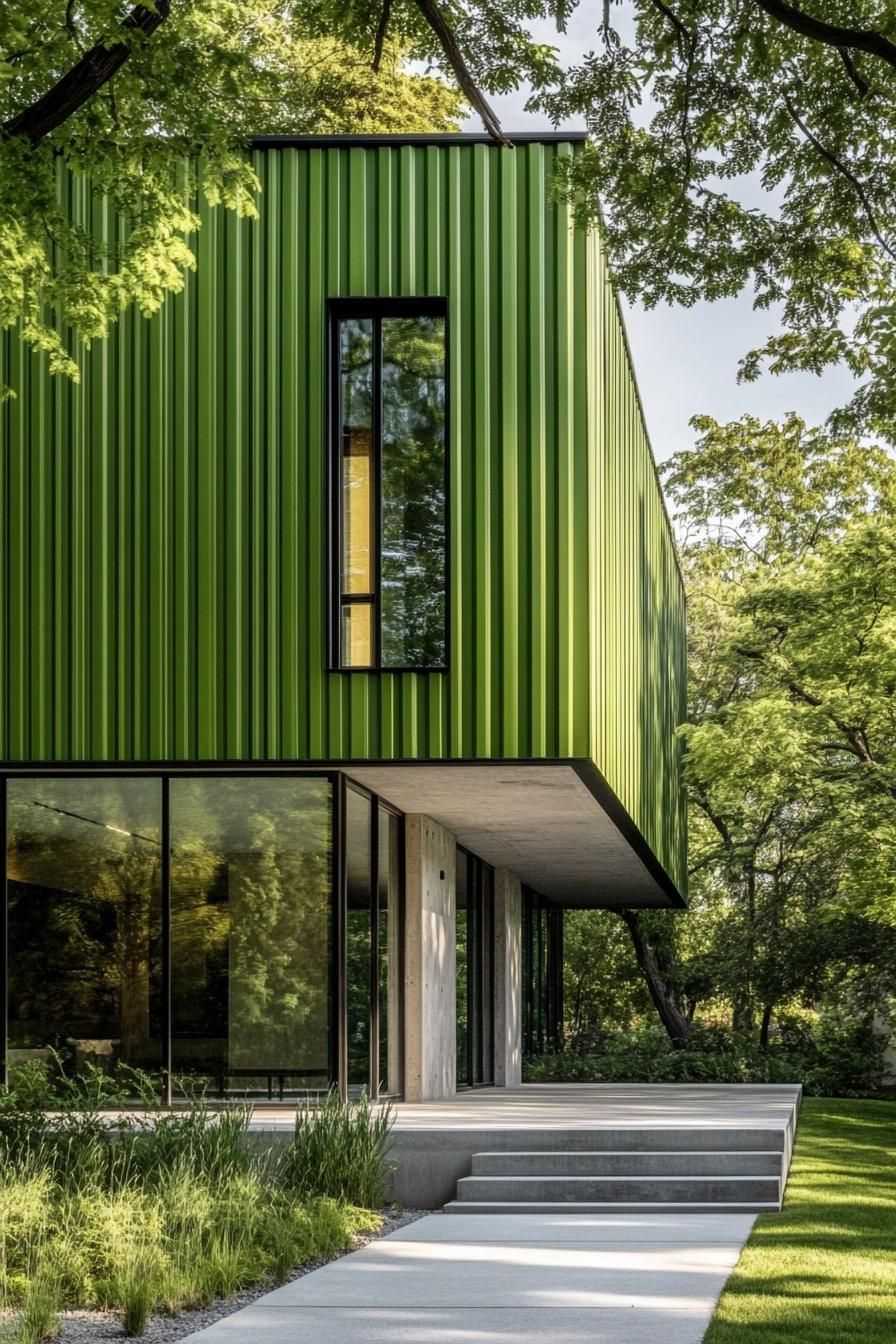 A sleek green building with vertical patterns