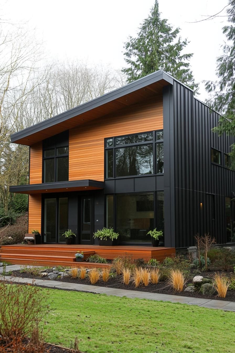 Sleek black house with wooden accents surrounded by trees