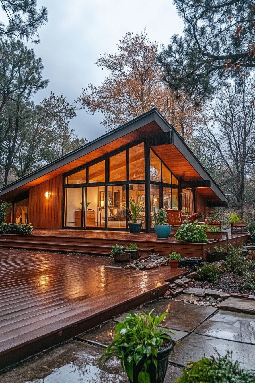 mid century modern cabin with large windows sloped roof with solar panels deck with planters 2