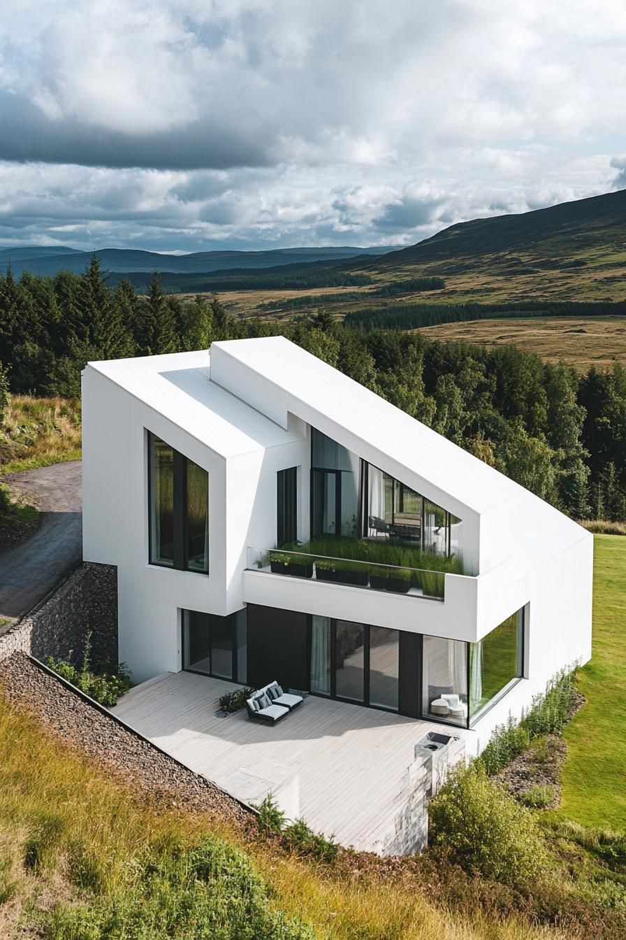 high angle view of a modern house with geometric white facade with large roof terrace glass railings v 6.1