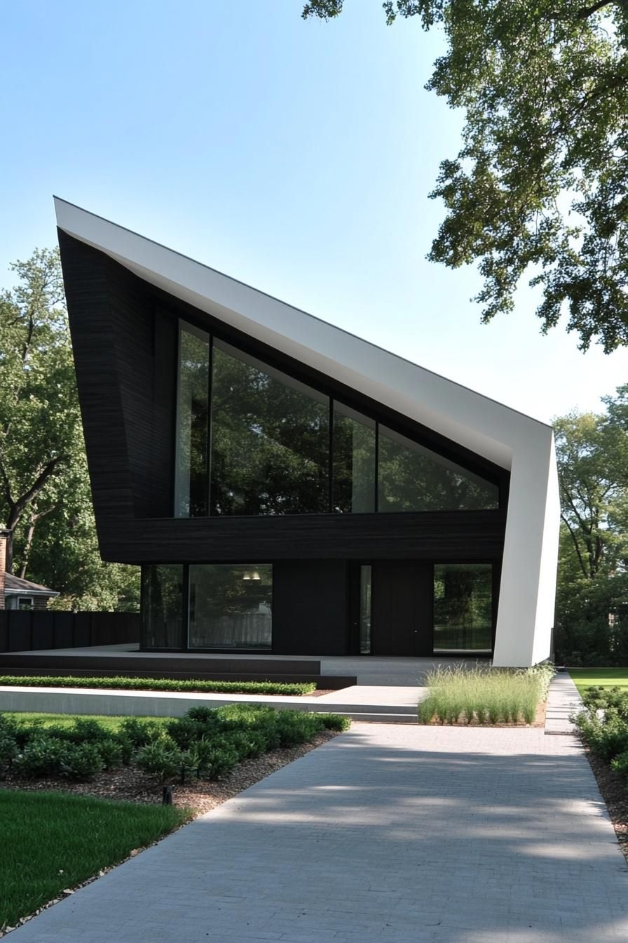 Boldly slanted house with large windows, set among greenery