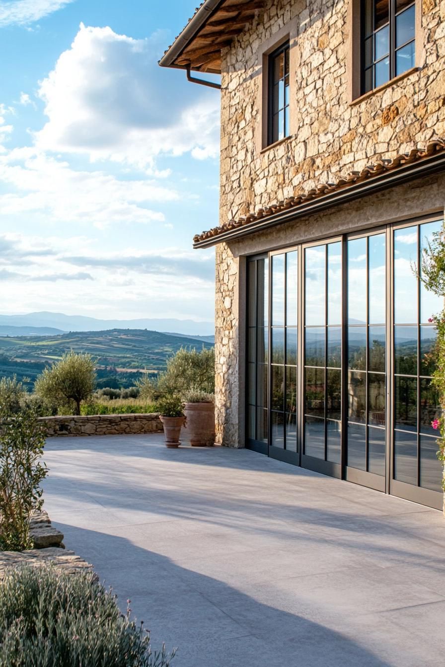 Tuscan stone house with modern windows and siliding doors concrete patio overlooking stunning Tuscany hills 2