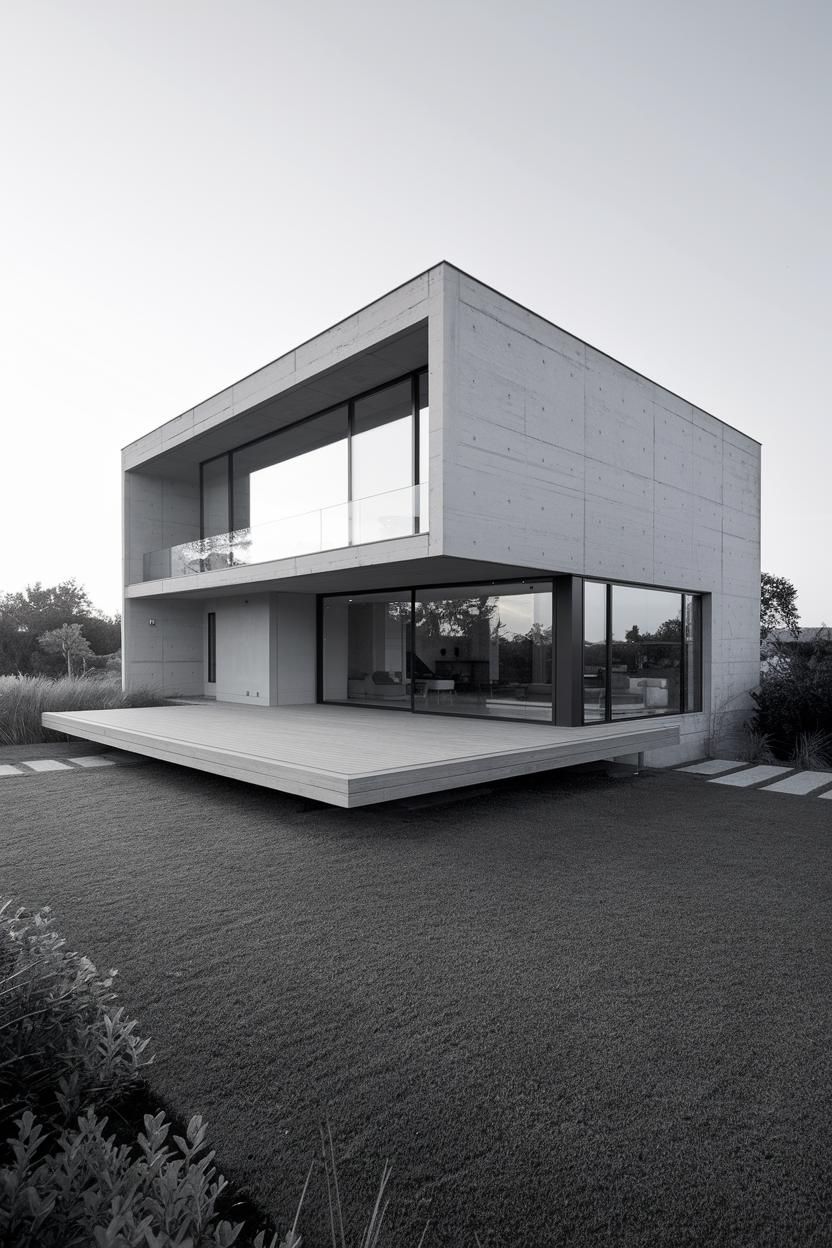 A minimalistic concrete house with large windows