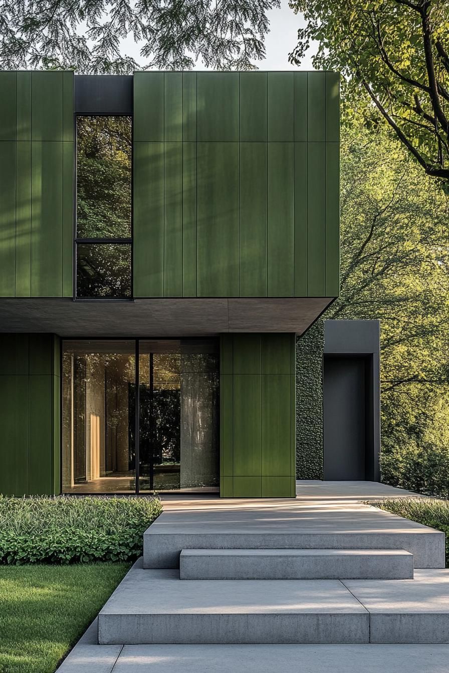 House with green panels in a lush setting