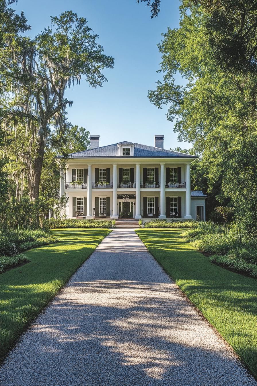 Grand mansion framed by lush greenery and a long driveway