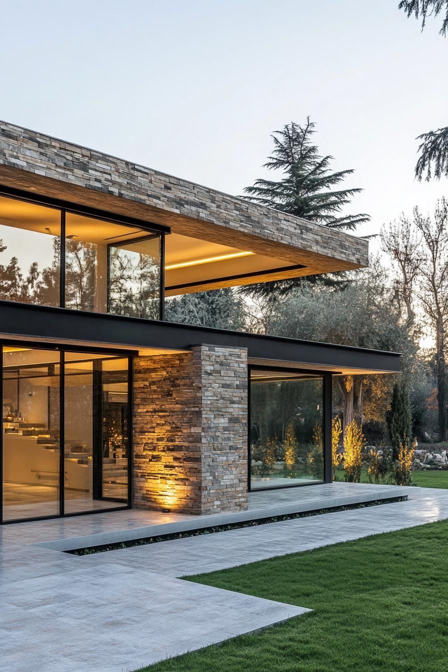 Contemporary house with stone cladding and glass windows