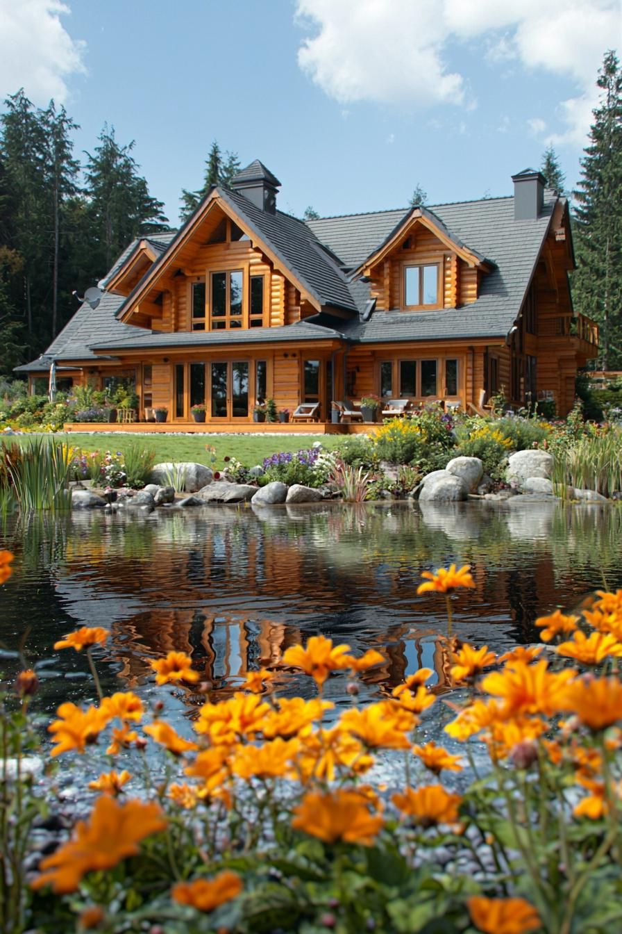 Log house with pond and orange flowers