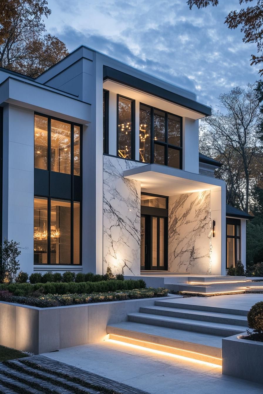 modern villa design with geometric cascading facade white siding inset windows with black trim large accent white marble front wall with LED 1