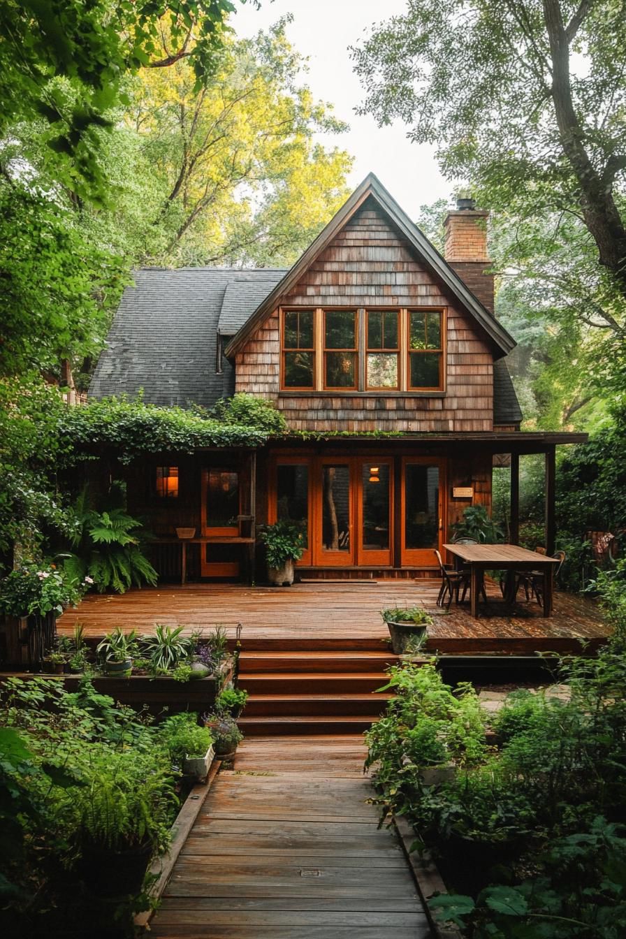 village cottage house with wooden siding gabled roof modern windows large wooden deck and a garden terrace below lush greenery wooden steps 2