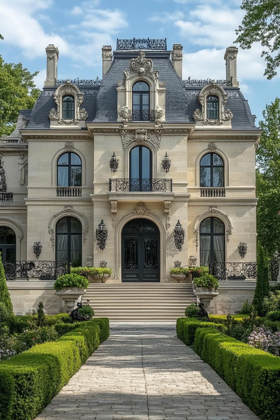 Mansion with manicured path and intricate facade