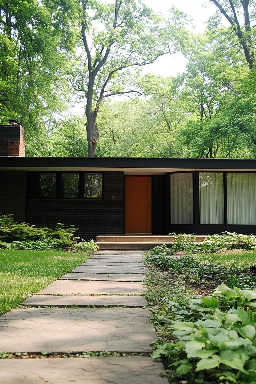 Minimalist black brick house with large windows, orange door, and lush greenery