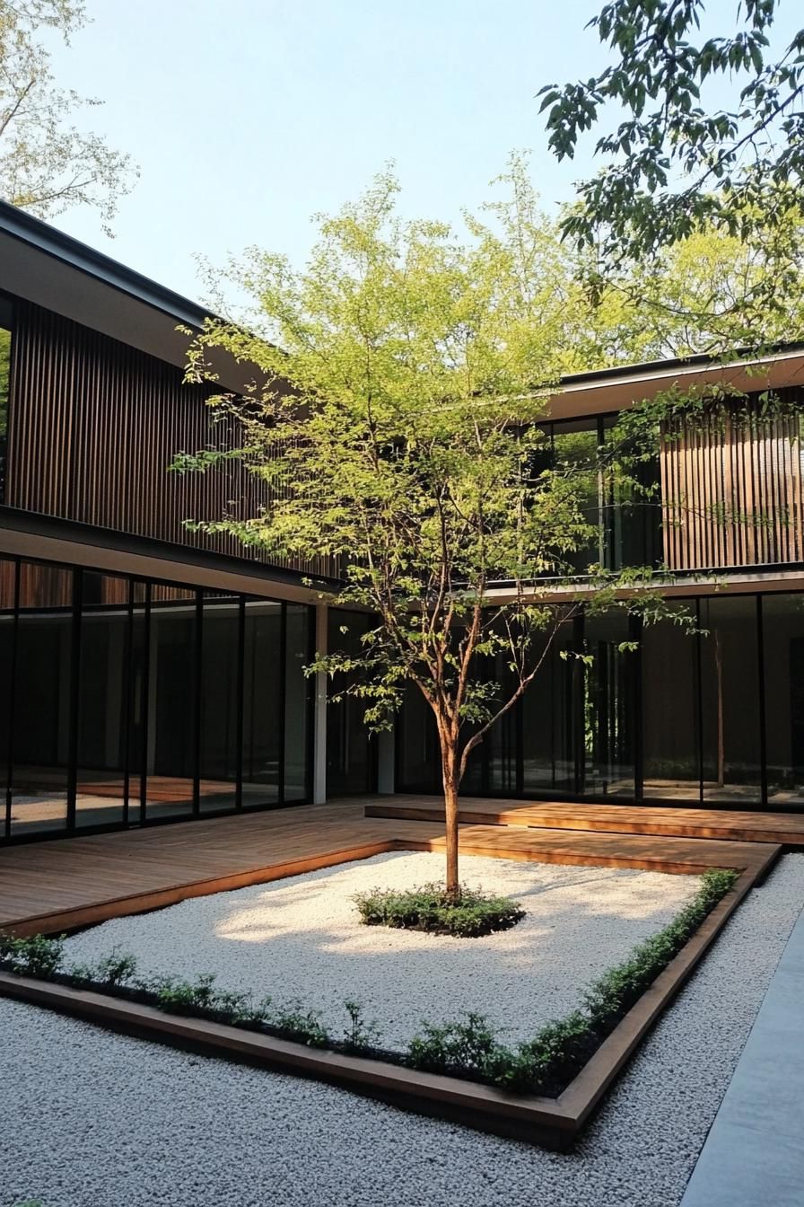 Modern house with a central tree in a minimalist courtyard