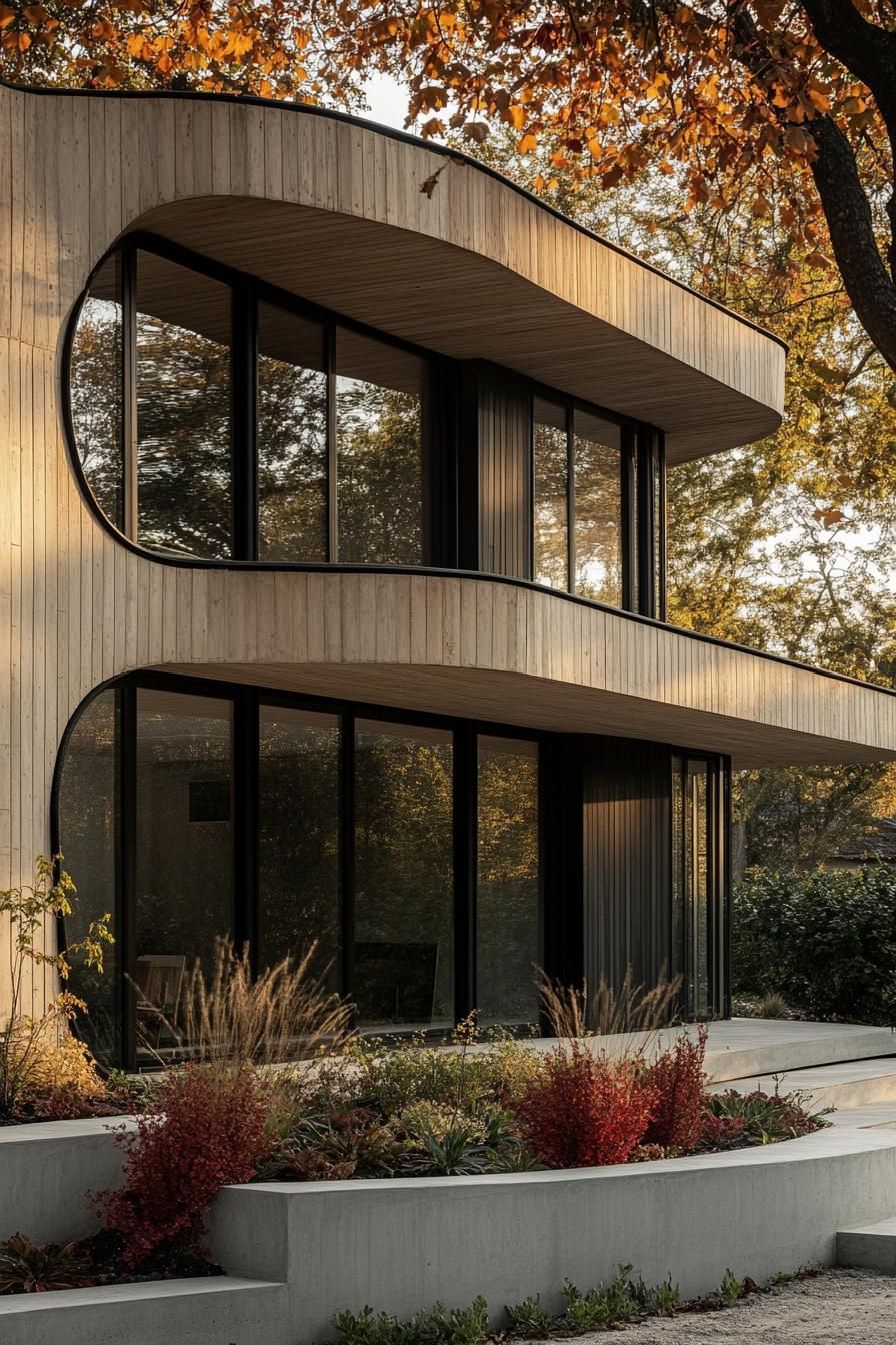 Modern wooden building with curvy facade and large windows