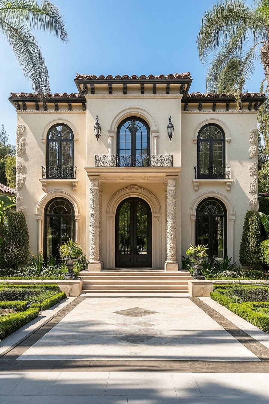 Luxurious exterior of a classic villa with arched windows