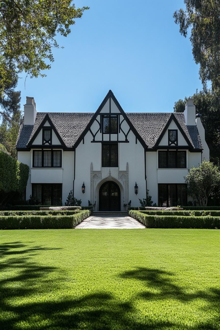 Modern Tudor house with manicured lawn and grand entrance