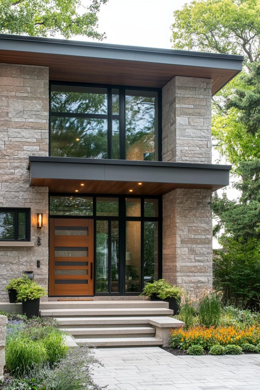 Front entrance of a stone facade house with lush landscaping