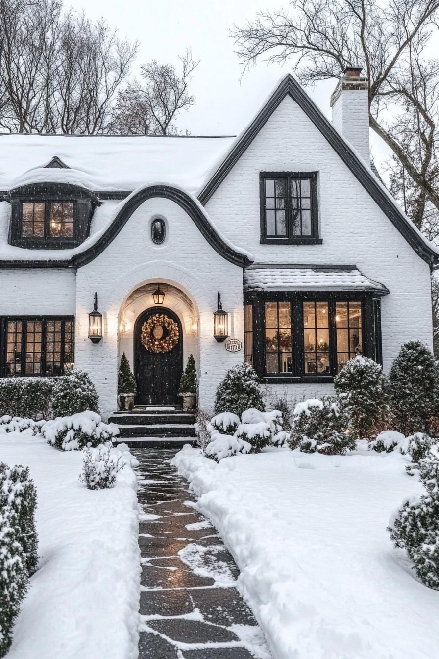 Cozy Tudor abode blanketed in snow, glowing warmly