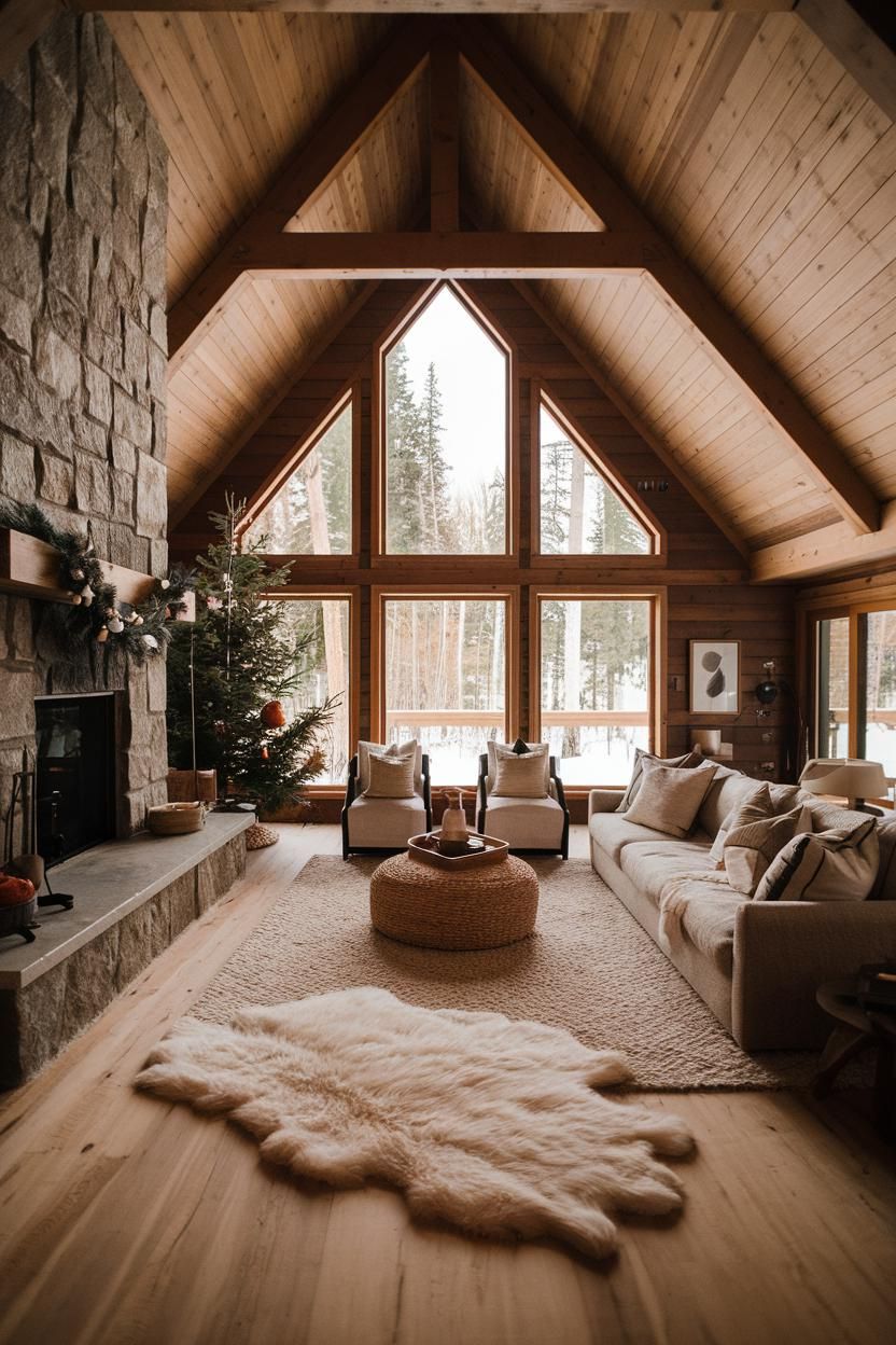 Rustic cabin interior with large windows and a soft rug