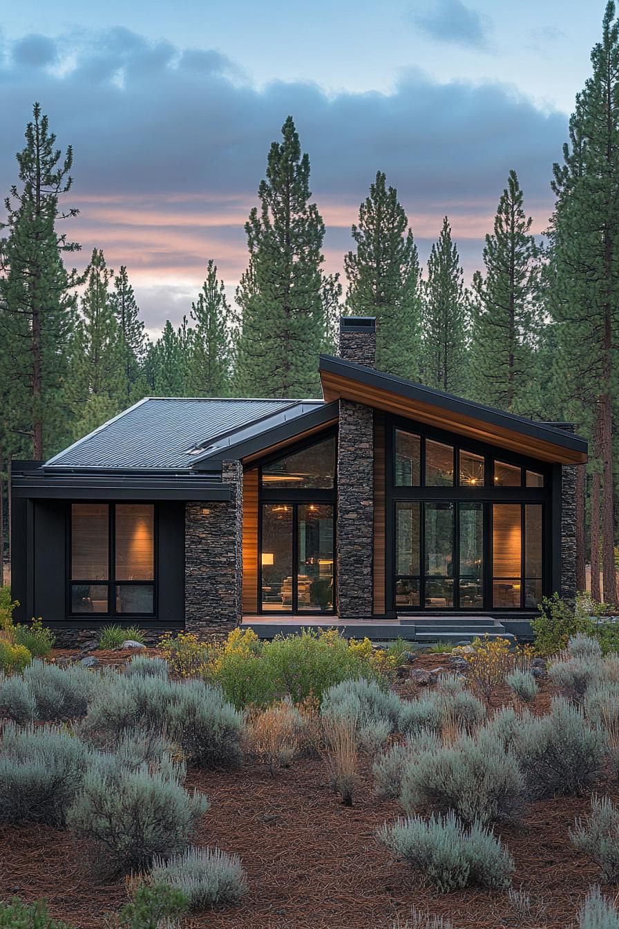 contemporary single story house exterior in dark stone and walnut wood siding black metal frame geometric roof modern windows concrete porch