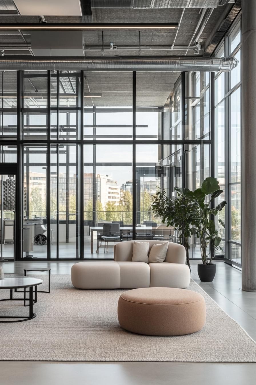 Sleek modern lobby with large windows and comfy seating