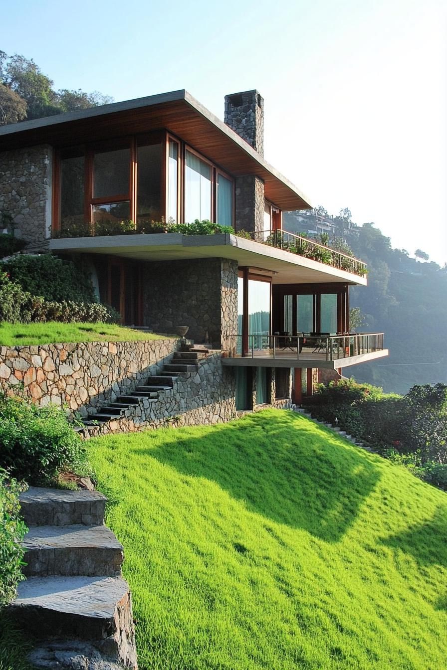 modern house on slopes of a green hill reinforced with stone terraces railings v 6.1