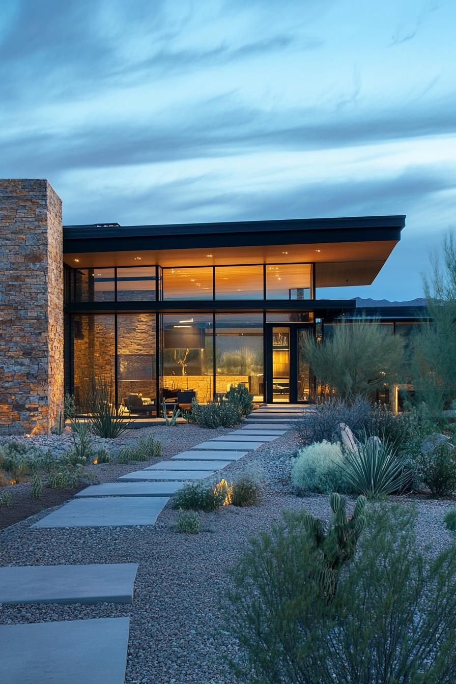 Modern home with glass façade and stone accents at dusk