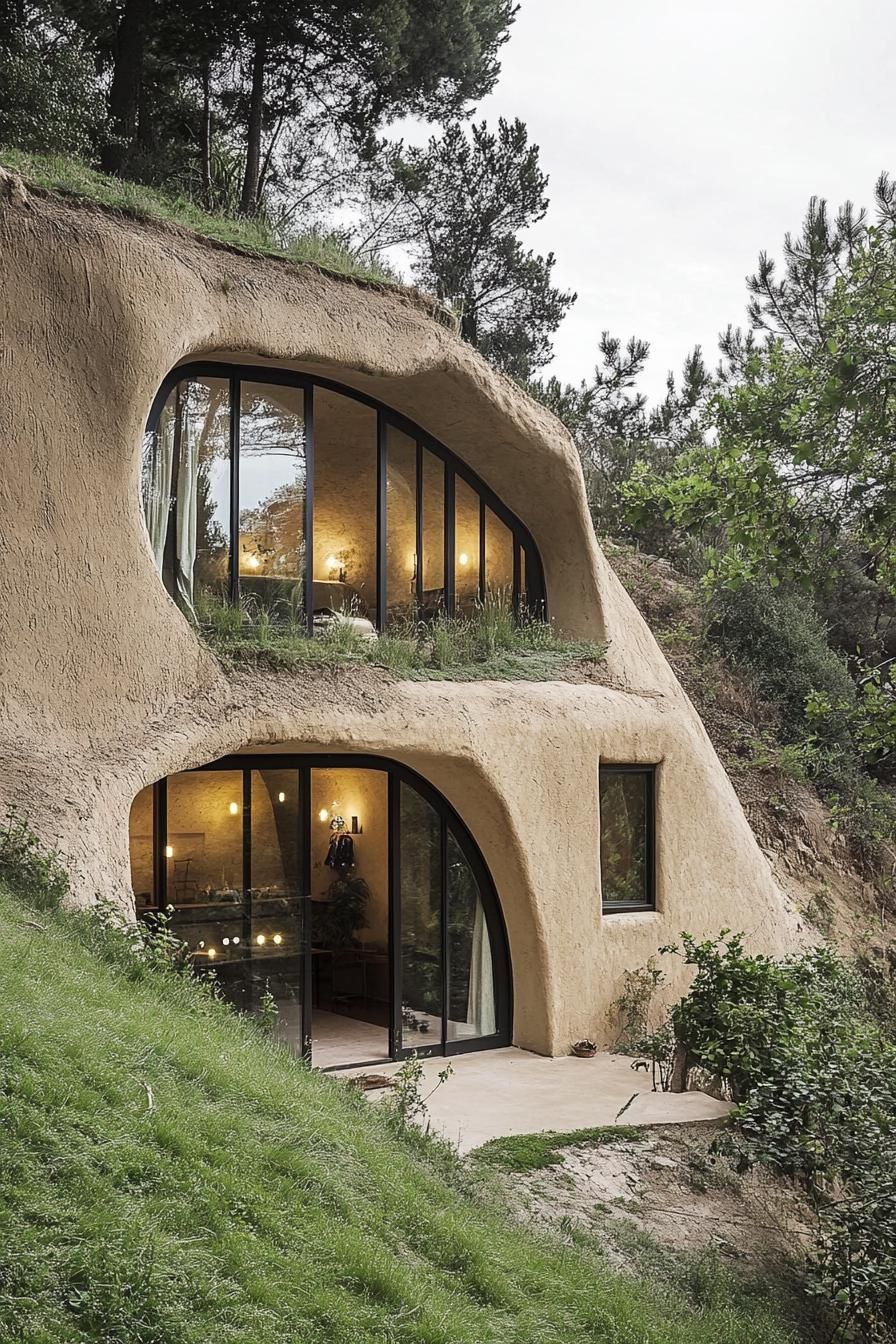 House with arched windows nestled into a hillside