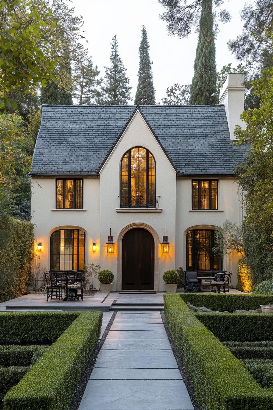 English cottage with arched doorway and manicured hedges