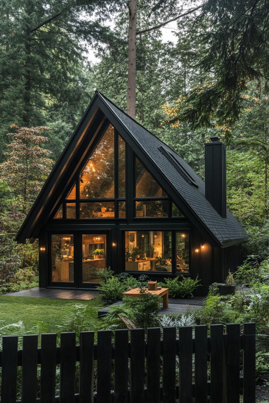 modern a frame cabin with black roof and siding full wall glass windows multi pitched roof black wooden fence in front lush forest in the