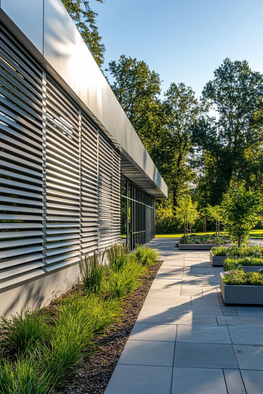 Modern facade with metal slats and verdant landscaping