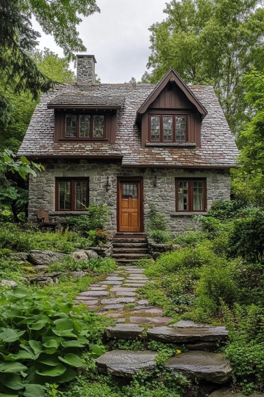 Charming stone cottage nestled among lush greenery