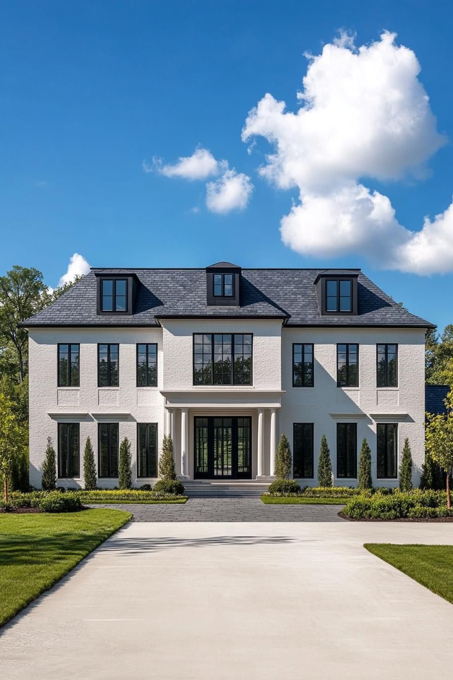 Elegant colonial home with white facade and dark roof