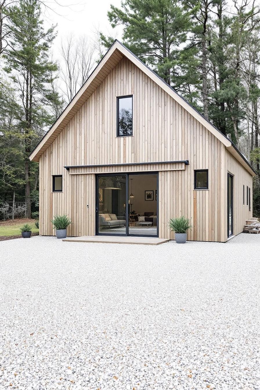 A modern wooden barn with large windows