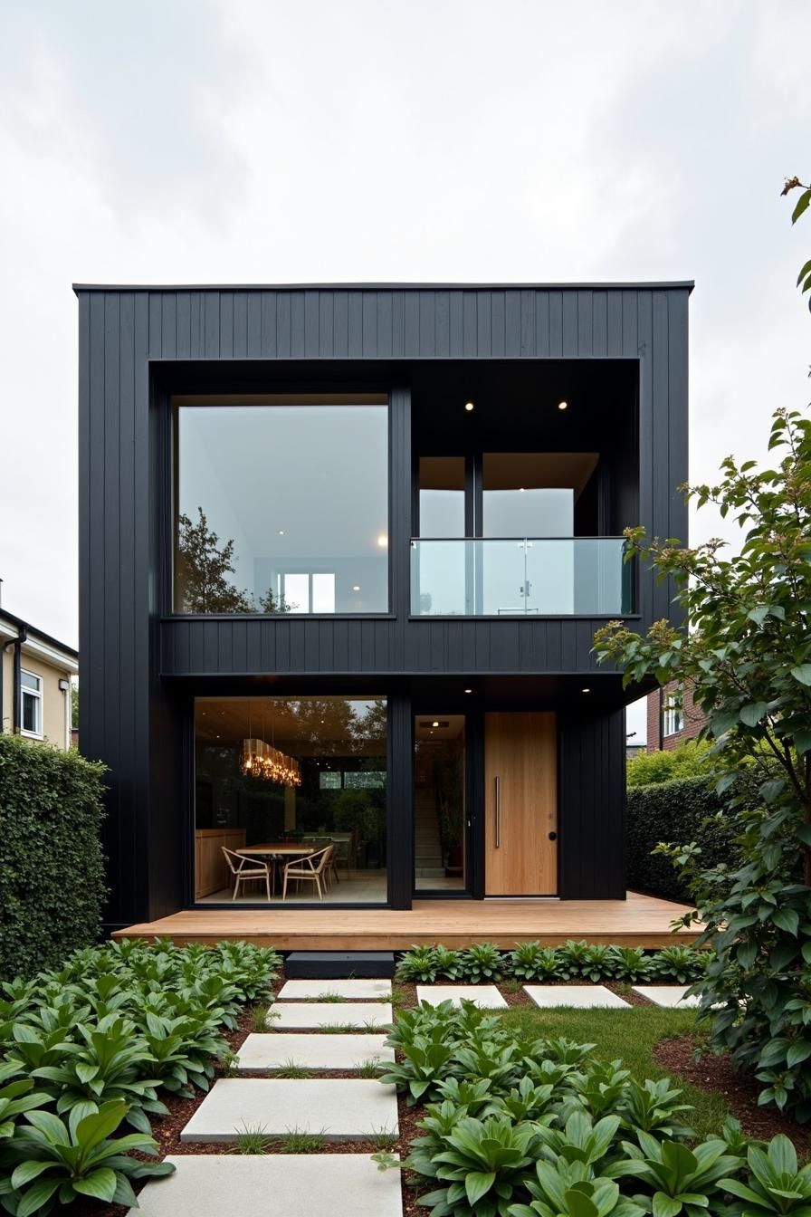 Sleek black home with large windows and greenery